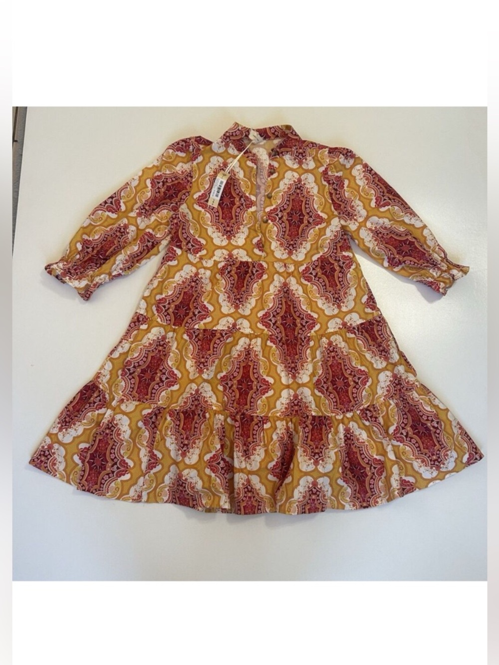 NWT Uncle Frank Geometric Paisley Dress Anthropologie Boho Gold / Pink Size XS